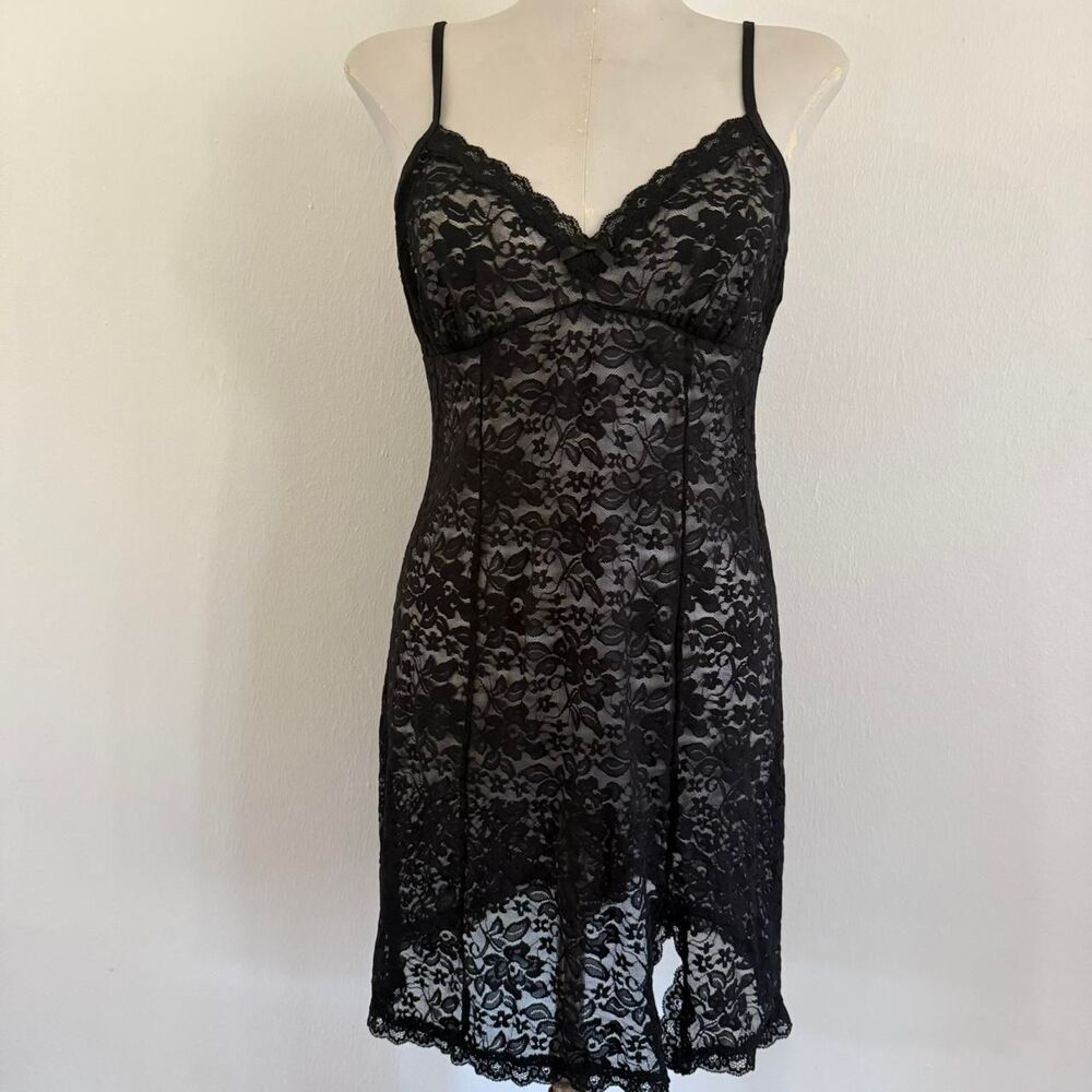 Vintage Y2K Sheer Black Babydoll Lace top mini dress Goth coquette lingerie Sz M